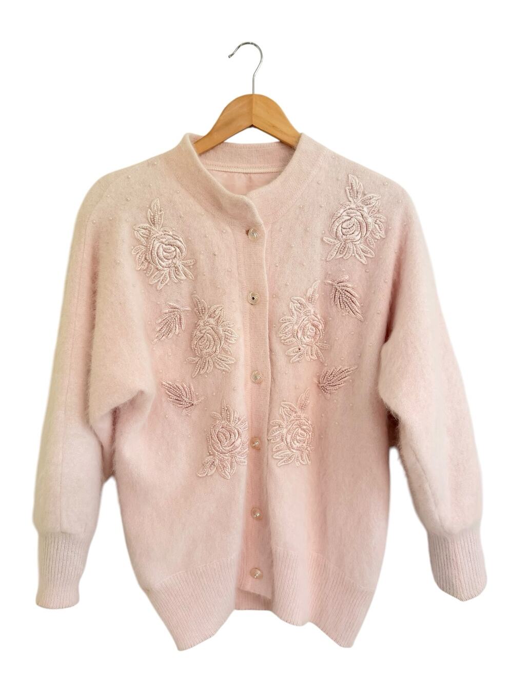 80s Vuneil Embroidered Beaded Angora Cardigan Sweater Sz Baby Pink See Measure